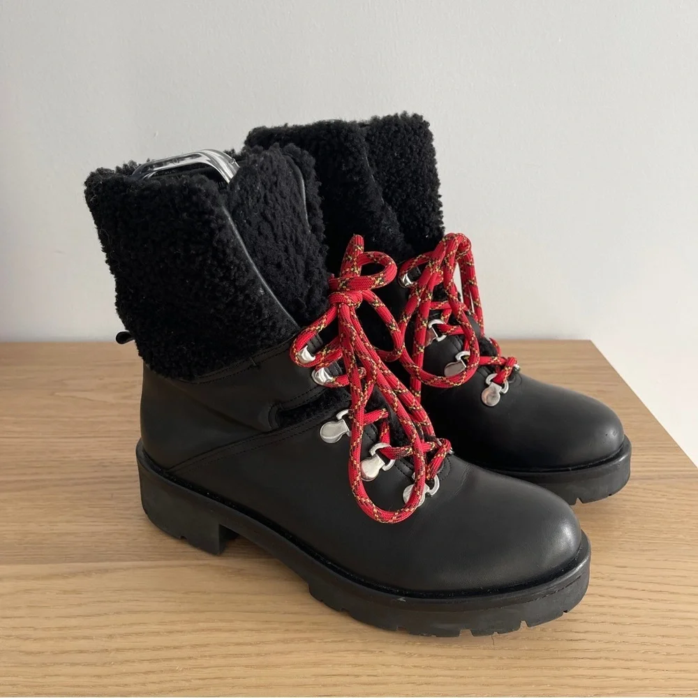 Aquatalia Jamie Black leather combat lace up boot shearling trim moto 11